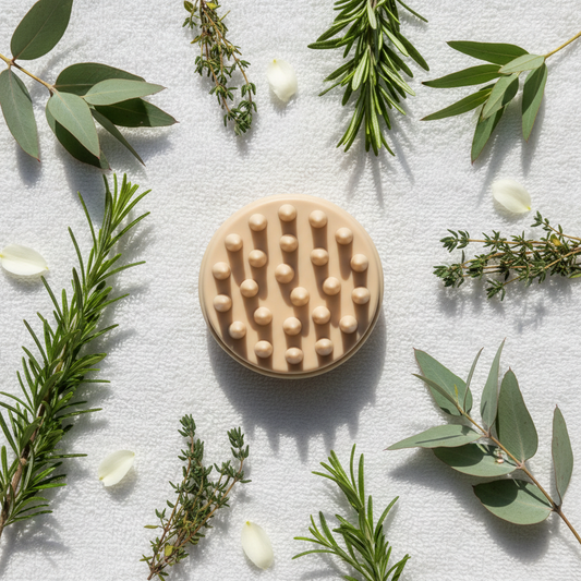Hårmassageborste flat lay spa med eucalyptus
