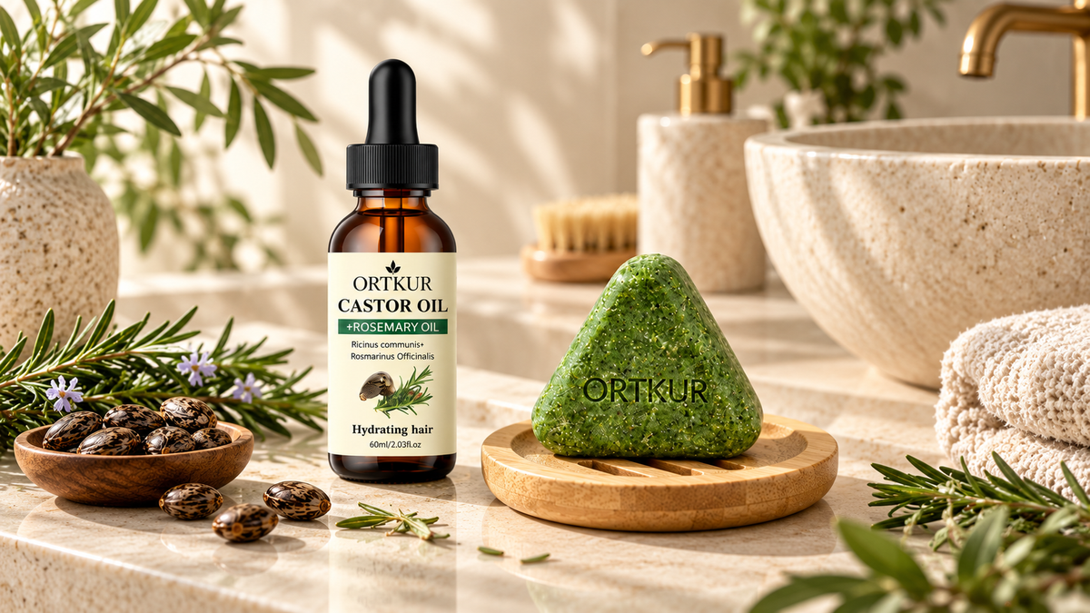 Örtkur Castor Oil flaska med rosmarin och kastorofrön på marmoryta